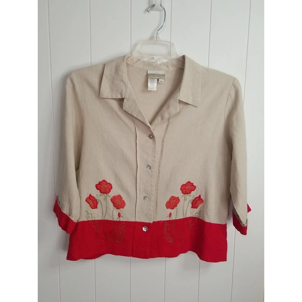 Coldwater Creek Beige and Red Floral Button-Front Blouse